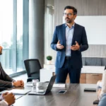 Líder falando com equipe em reunião, expressão serena e gestos contidos