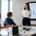 líder apresentando história corporativa em reunião com equipe e gráficos ao fundo