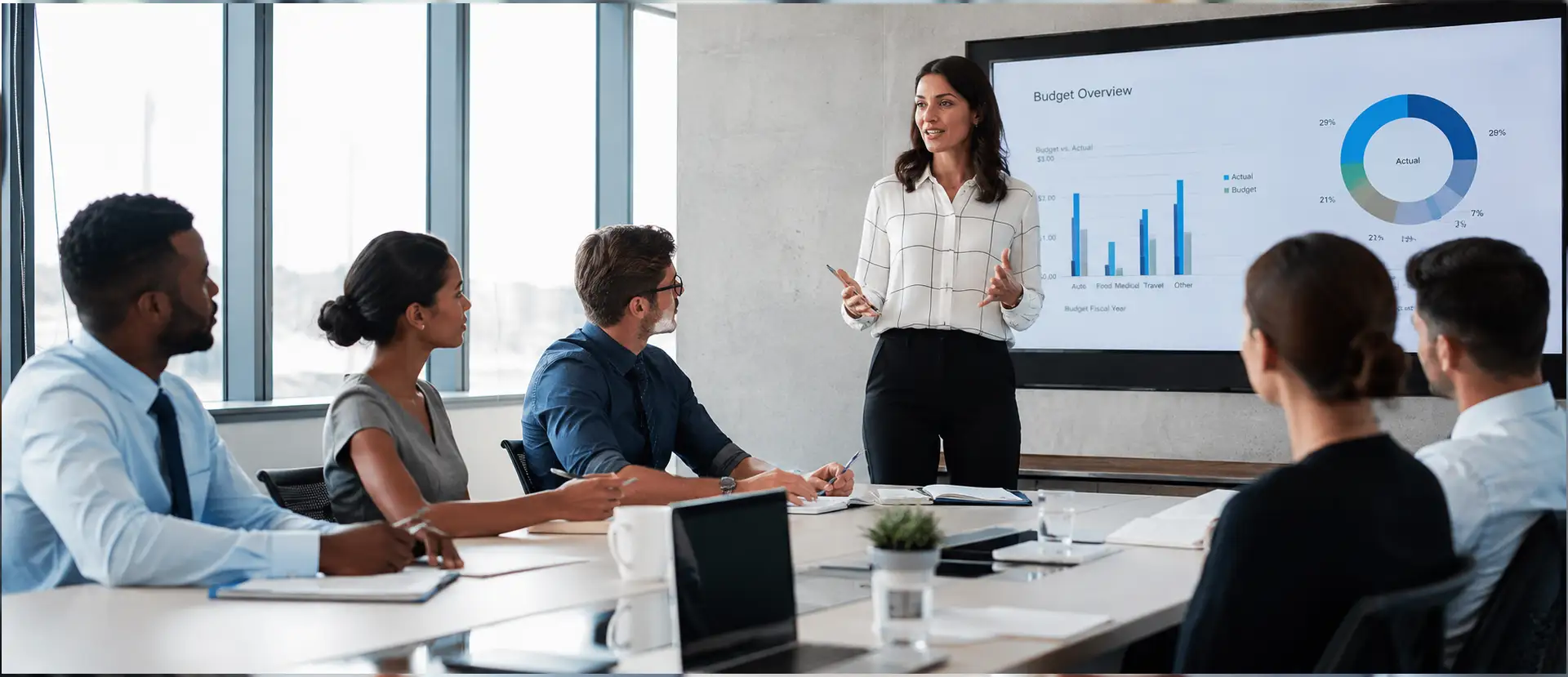 líder apresentando história corporativa em reunião com equipe e gráficos ao fundo