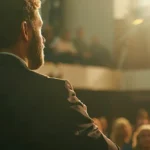 Palestrante no palco diante de plateia corporativa em auditório
